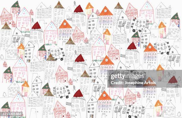 stockillustraties, clipart, cartoons en iconen met childs drawing of houses, population density - bevolkingsdichtheid