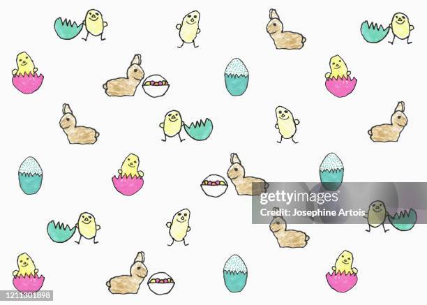 childs drawing of easter bunnies and chicks in eggs - chicken hatching stock illustrations