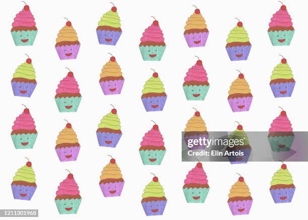 illustration of anthropomorphic cupcakes on white background - anthropomorphic face stock illustrations