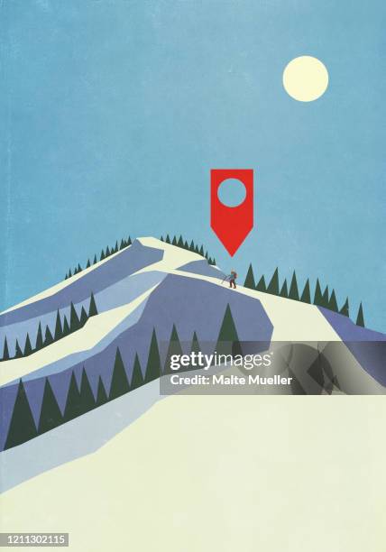 map pin icon above person mountaineering on snowy mountain - mobile app stock illustrations