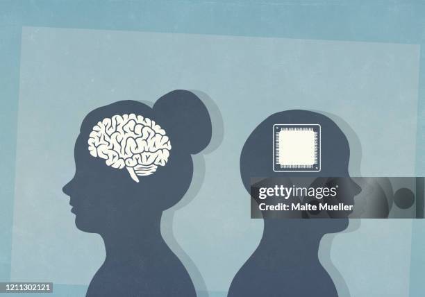 ilustrações, clipart, desenhos animados e ícones de brain and computer chip in silhouetted heads - gênio conceito