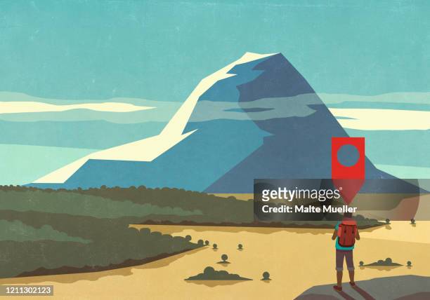 map pin icon above man hiking, looking at majestic mountain landscape view - valley icon stock illustrations