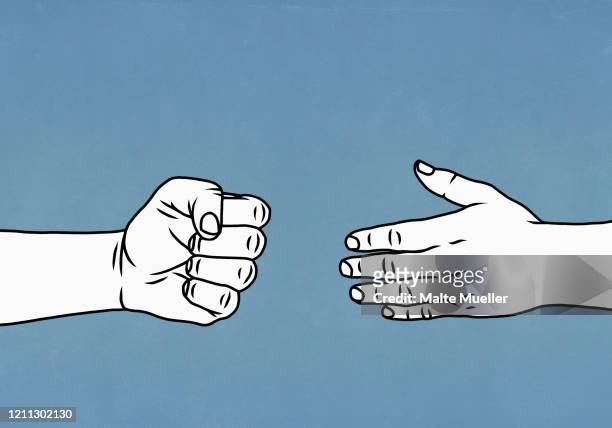 ilustrações, clipart, desenhos animados e ícones de contrasting hands open and closed in a fist - discutindo