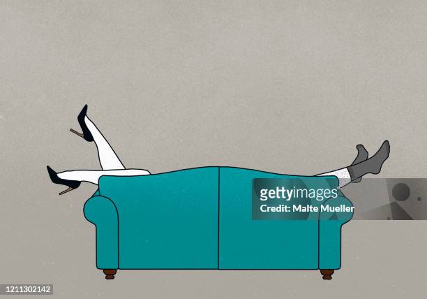 illustrazioni stock, clip art, cartoni animati e icone di tendenza di legs of couple dangling over sofa - coppia eterosessuale