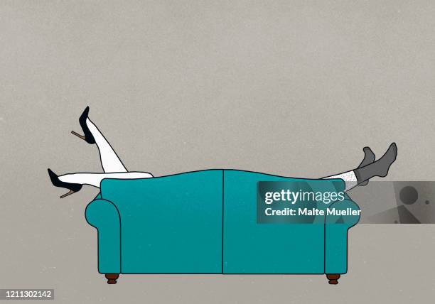 legs of couple dangling over sofa - husband stock illustrations