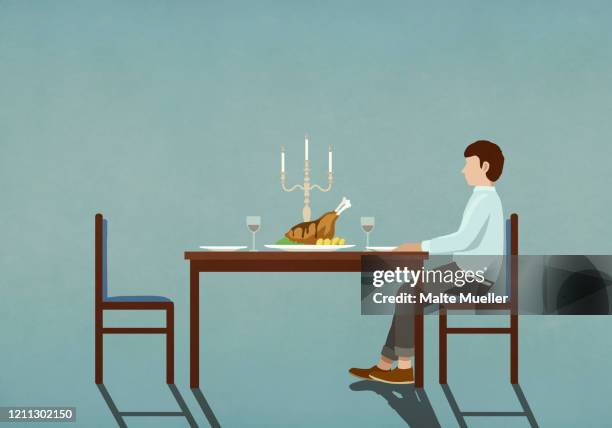 stockillustraties, clipart, cartoons en iconen met man waiting at table with candlelight dinner - eenzaamheid