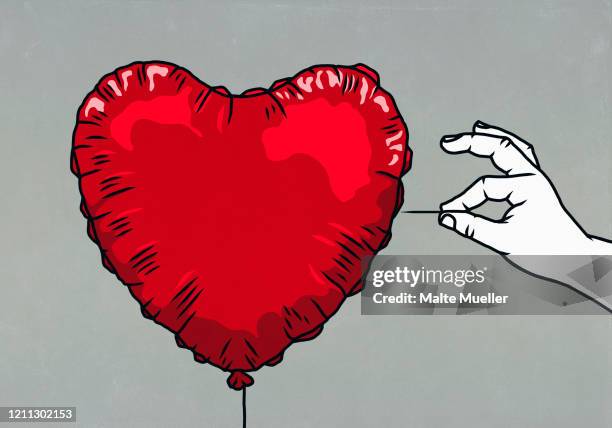 hand with pin ready to pop red heart shape balloon - pin stock illustrations