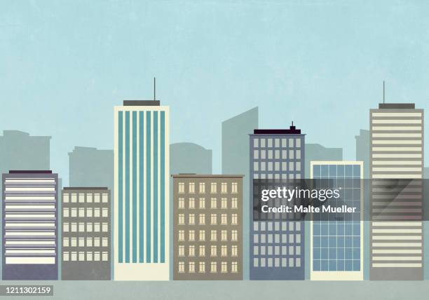 cityscape of skyscraper buildings - office block exterior stock illustrations