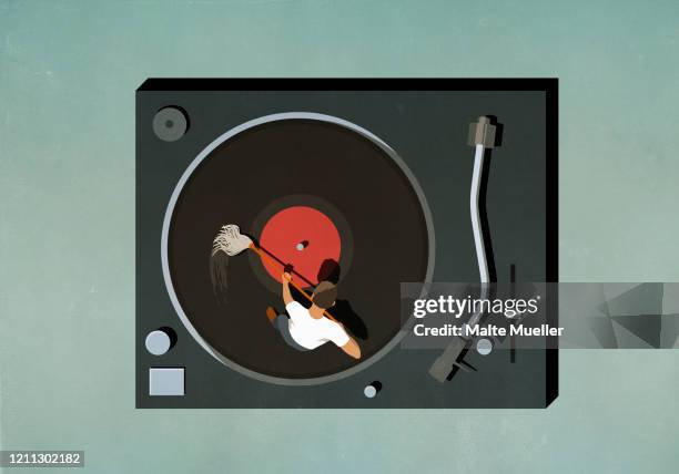 man scrubbing vinyl record - record analog audio stock illustrations