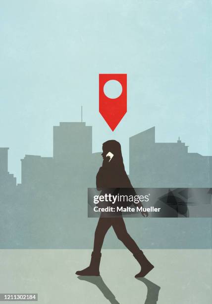 map pin icon above woman walking and talking on smart phone in city - pinning stock illustrations