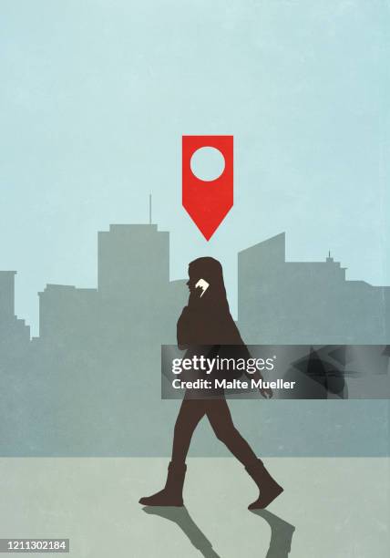 map pin icon above woman walking and talking on smart phone in city - technical guidance stock illustrations