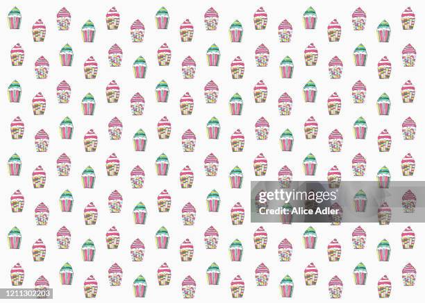 pastel colored cupcakes on white background - temptation cake stock illustrations