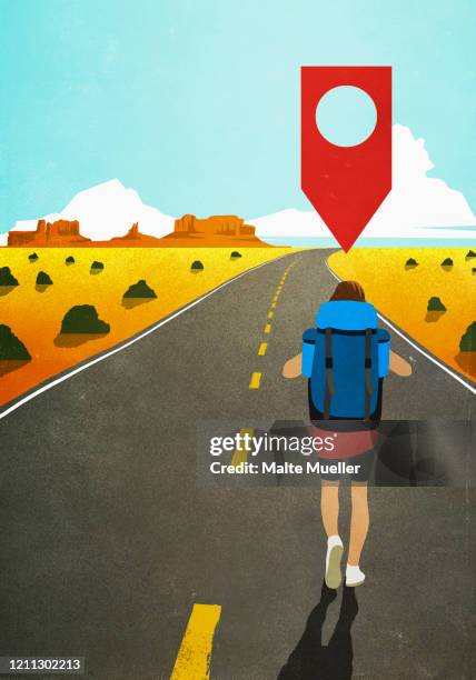 stockillustraties, clipart, cartoons en iconen met map pin icon above woman backpacking on remote desert road - arid climate