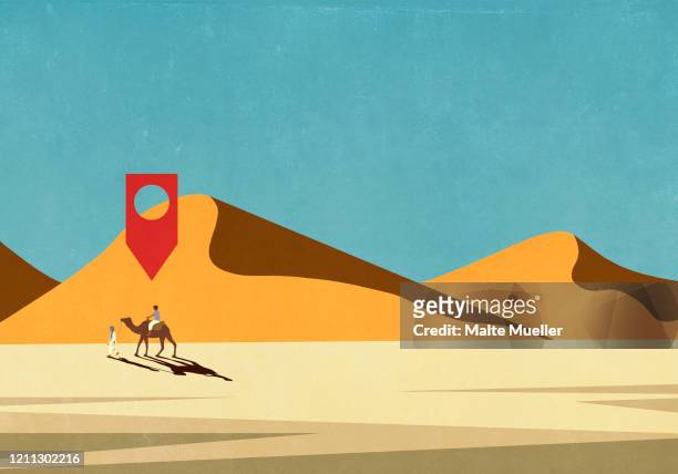 Map pin icon above man riding camel in desert