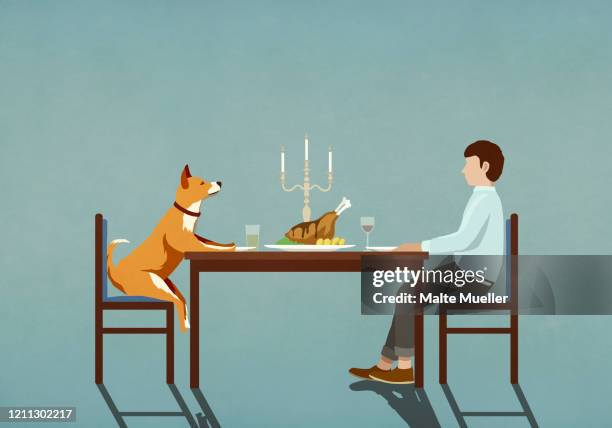 man and dog enjoying candlelight dinner at table - house side view illustration stock illustrations