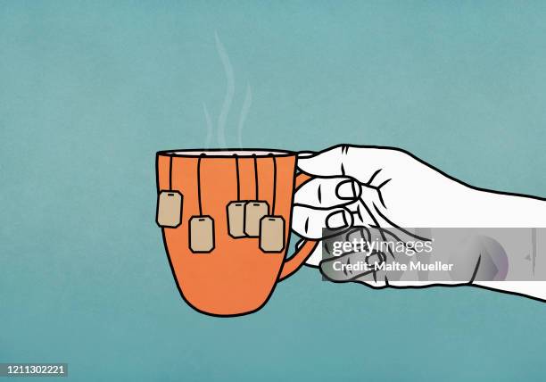stockillustraties, clipart, cartoons en iconen met hand holding mug with many tea bags - steeping