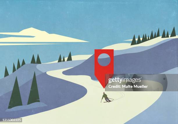 location pin above downhill skier on snowy mountain ski slope - ski slope 幅插畫檔、美工圖案、卡通及圖標