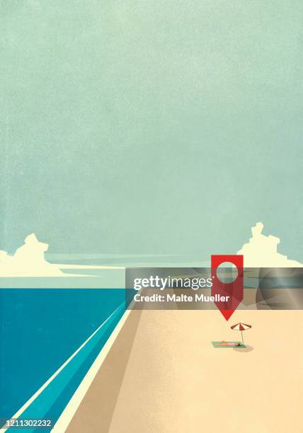 map pin icon above woman laying on sunny ocean beach - person searching icon stock illustrations
