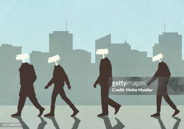 men with surveillance camera heads in city - business stock illustrations