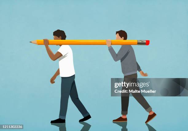 men carrying large pencil - brainstorming stock-grafiken, -clipart, -cartoons und -symbole