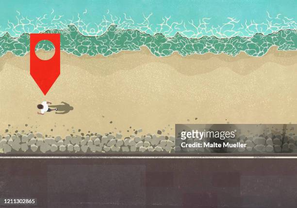 map pin icon above man walking on sunny ocean beach - pinning stock illustrations