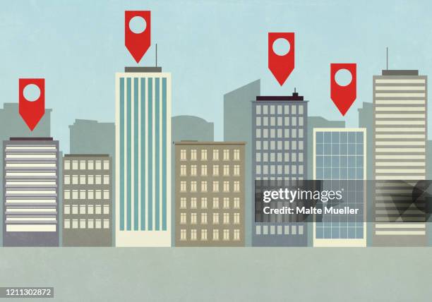 illustrations, cliparts, dessins animés et icônes de map pin icons above highrise buildings in city - satellite view