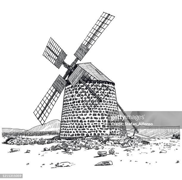 stockillustraties, clipart, cartoons en iconen met tekening van een oude windmolen - molentje