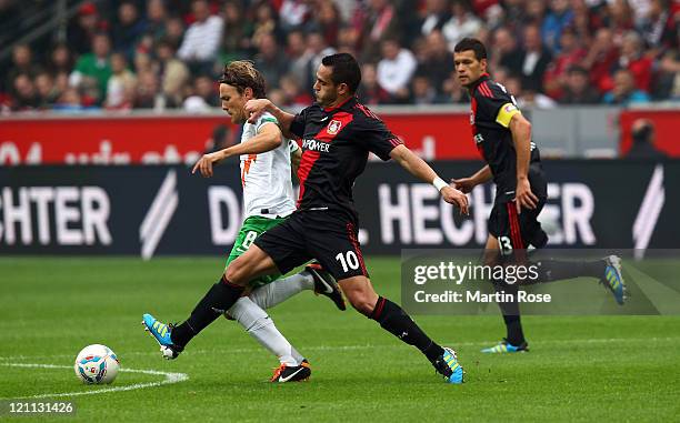 Renato Augusto of Leverkusen and Clemens Fritz of Bremen battle for the ball during the Bundesliga match between Bayer Leverkusen and SV Werder...