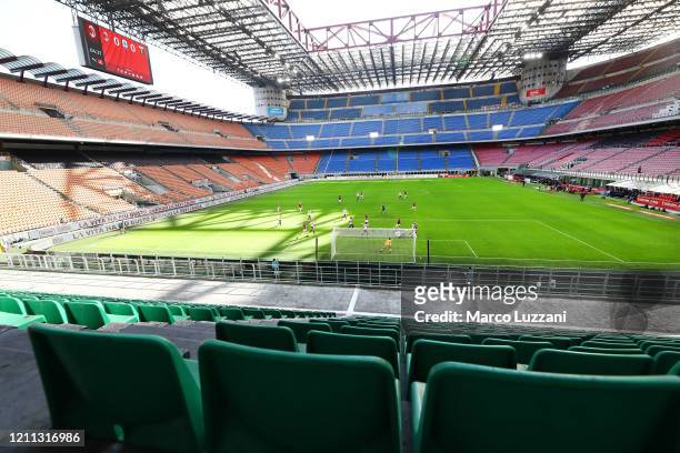 General view of the empty stadium according to the rules to limit the spread of Covid-19 during the Serie A match between AC Milan and Genoa CFC at...