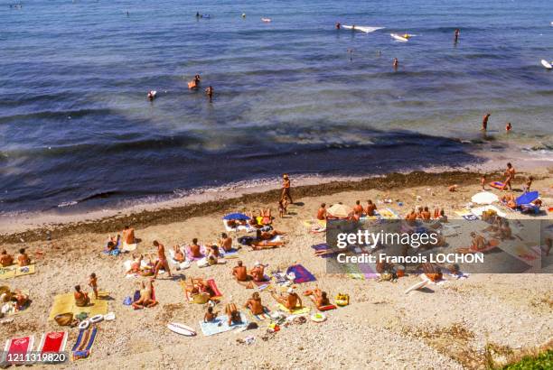 Vacanciers sur la plage de Saint-Tropez en juillet 1984, France.