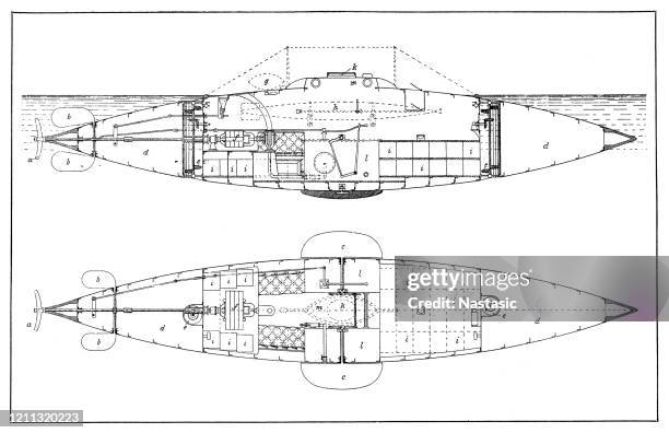 elektrisches u-boot-torpedoboot - 2018 blueprint stock-grafiken, -clipart, -cartoons und -symbole