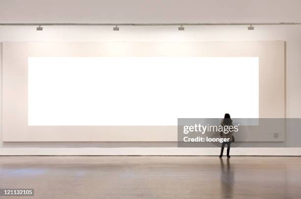 one woman looking at white frame in an art gallery - empty art gallery stock pictures, royalty-free photos & images
