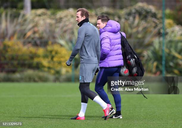 Harry Kane of Tottenham Hotspur walks out to train during the Tottenham Hotspur training session at The Tottenham Hotspur Training Centre on March...