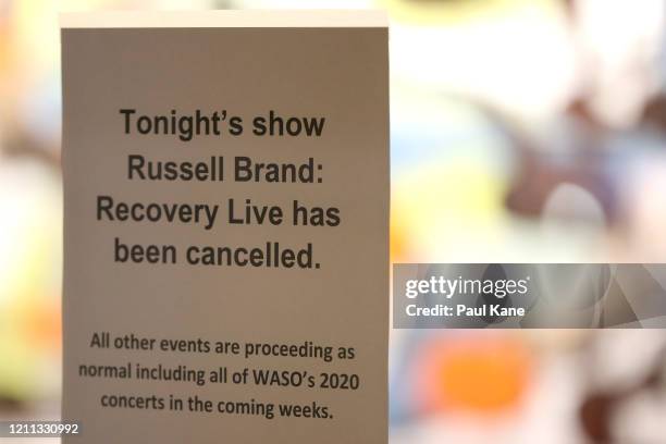 Signage on the entry doors to the Perth Concert Hall advising of the cancelled Russell Brand show is seen on March 09, 2020 in Perth, Australia....