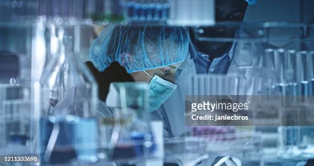 homem com uma máscara especializada e chapéu olha para um microscópio - epidemiologia - fotografias e filmes do acervo