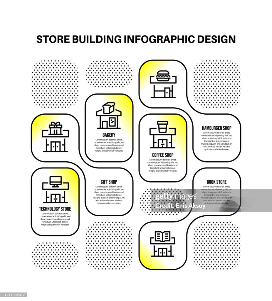Infographic design template with store building keywords and icons