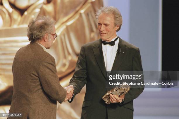 Jean-Luc Godard à la 23ème Cérémonie des Césars à Paris avec Clint Eastwoord