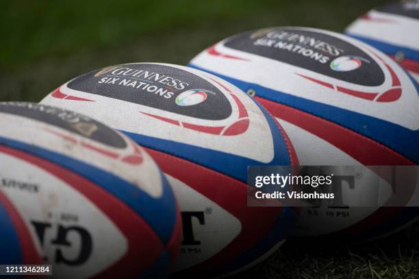 Guinness branded rugby balls on the pitch prior to the 2020 Guinness Six Nations match between England and Wales at Twickenham Stadium on March 07,...