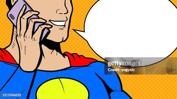 vector superhero talking on a smart phone stock illustration - cartoon man stock illustrations