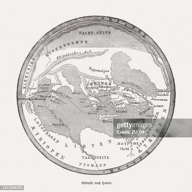 world map according to homer (c.850 bc), woodcut, published 1888 - old map of middle east stock illustrations