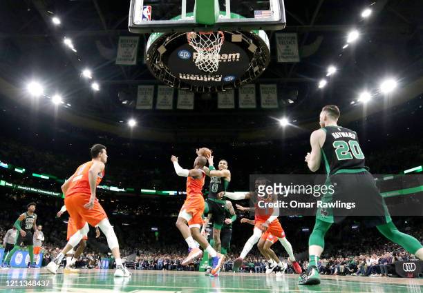 Jayson Tatum of the Boston Celtics drives to the basket during the second quarter of the game against the Oklahoma City Thunder at TD Garden on March...