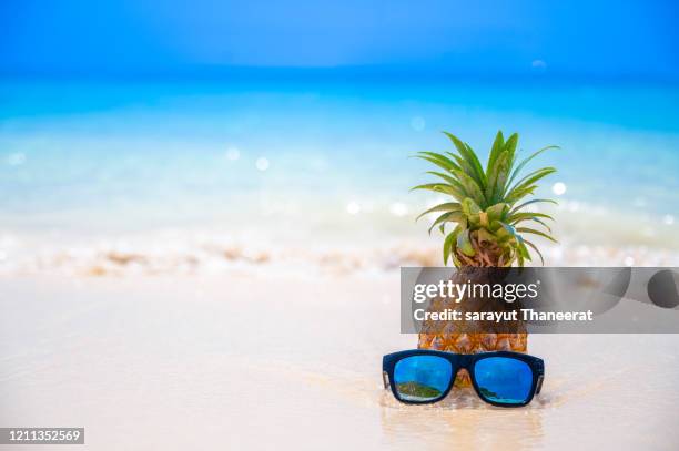 glasses pineapples are located on the beach by the sea in the hot sun, setting the concept for summer. - sandsun stock-fotos und bilder