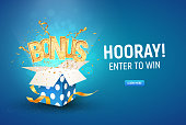 Golden bonus word flying from textured gift box and blue background. Winning prize vector illustration