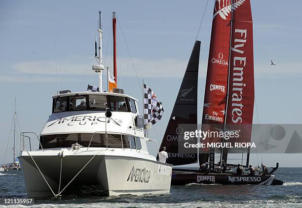 Emirates Team New Zealand skipped by Dean Barker crosses the finish line to win the 7th day of the America's Cup World Series Match Race Championship...