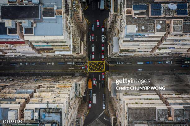 aerial view of hong kong apartments in cityscape background, sham shui po district. residential district - office building exterior small stock pictures, royalty-free photos & images