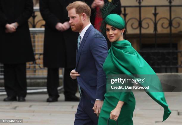 Prince Harry, Duke of Sussex and Meghan, Duchess of Sussex arrive to attend the annual Commonwealth Day Service at Westminster Abbey on March 9, 2020...