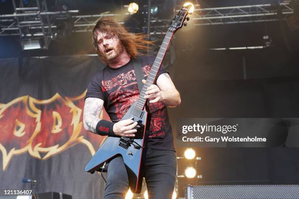 Gary Holt of Exodus performs on stage during Bloodstock Open Air Festival at Catton Hall on August 14, 2011 in Derby, United Kingdom.