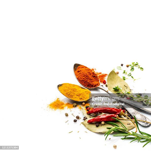 spices and herbs on white background. copy space - spice stock pictures, royalty-free photos & images