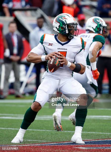 Daniels of the Seattle Dragons looks for a receiver against the Houston Roughnecks during a XFL football game at TDECU Stadium on March 07, 2020 in...