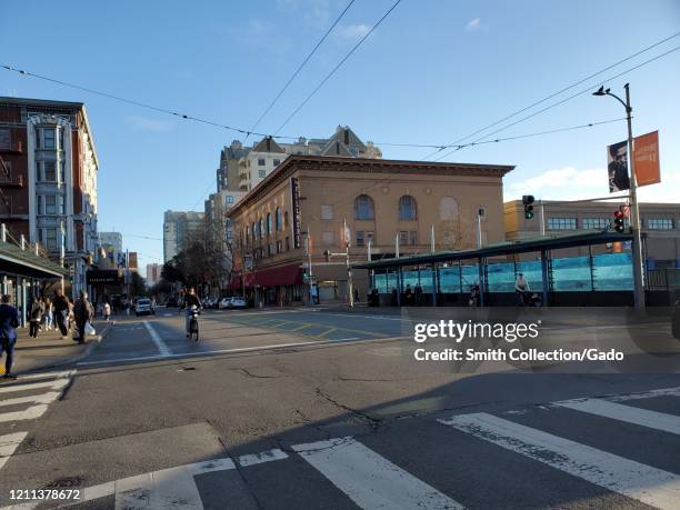 Wide angle street scene in the Fillmore district of San Francisco, California, March 7, 2020.